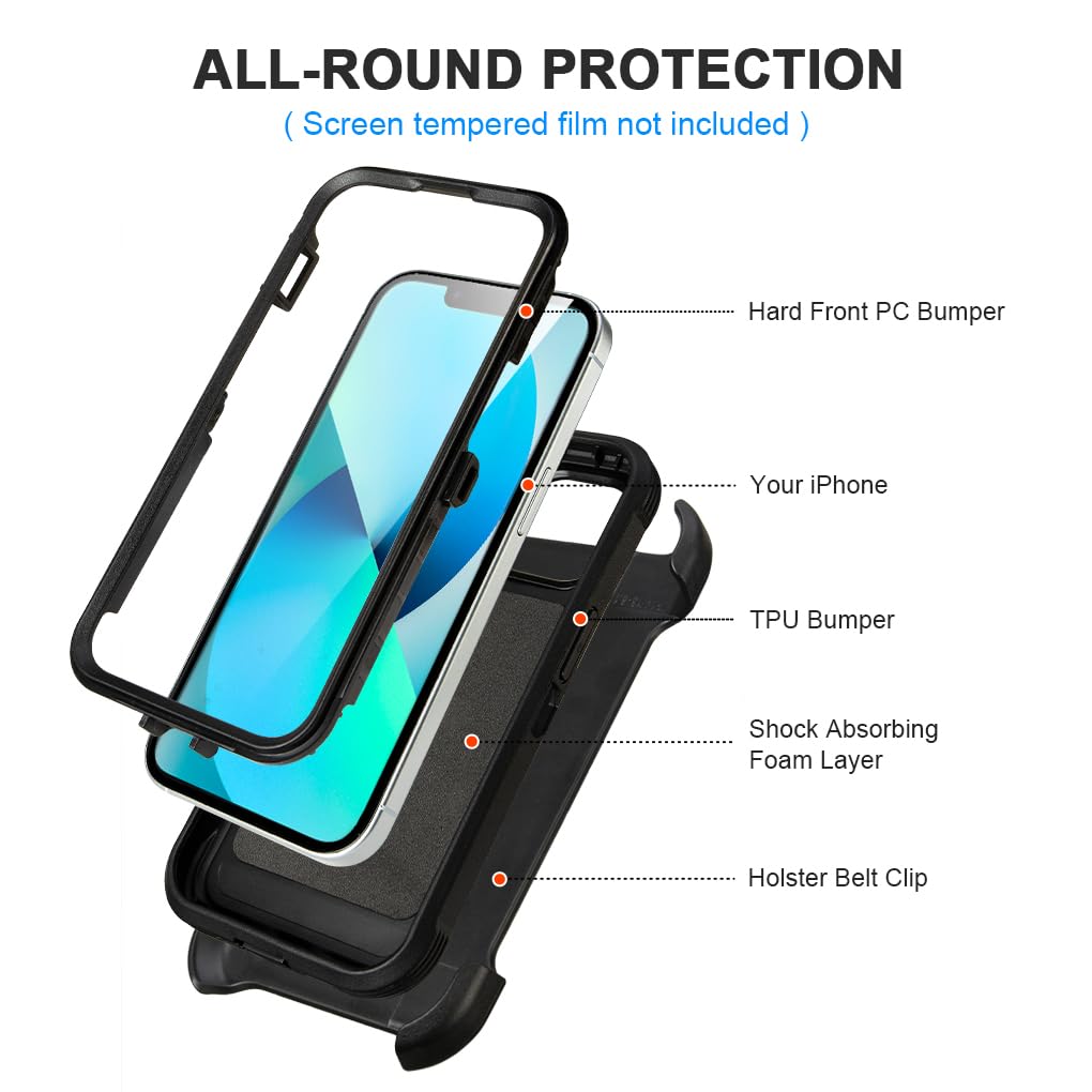 for Black iPhone 15 Case with Belt Clip, Shockproof Heavy Duty Rugged, 3 Layers of Sturdy,Anti-Drop, Military-Grade Defender Cover for iPhone 15 Case Black