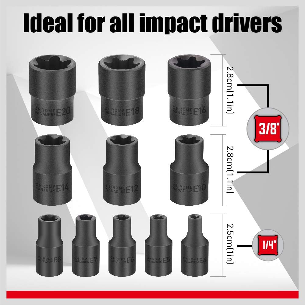 SEDY 11-Piece E-Torx Socket Set - Star Sockets Set with Socket Rail, External Torx Socket with Organizer, External Socket-Set, E4 E5 E6 E7 E8 E10 E12 E14 E16 E18 E20 Reverse Sockets Set