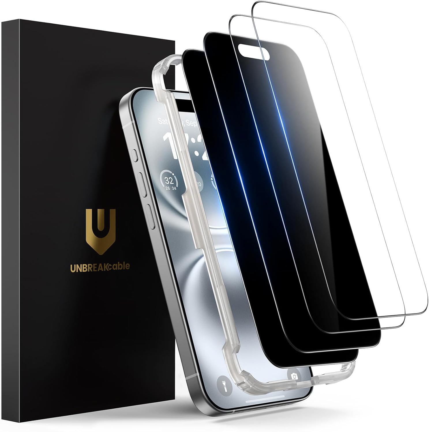 UNBREAKcable 4PCS Screen Protector for iPhone 15-2 Privacy Tempered Glass+2 Clear Glass Double Shatterproof [Easy Installation Frame] [9H Hardness] [Case Friendly] Anti-Scratch for iPhone 6.1 inch