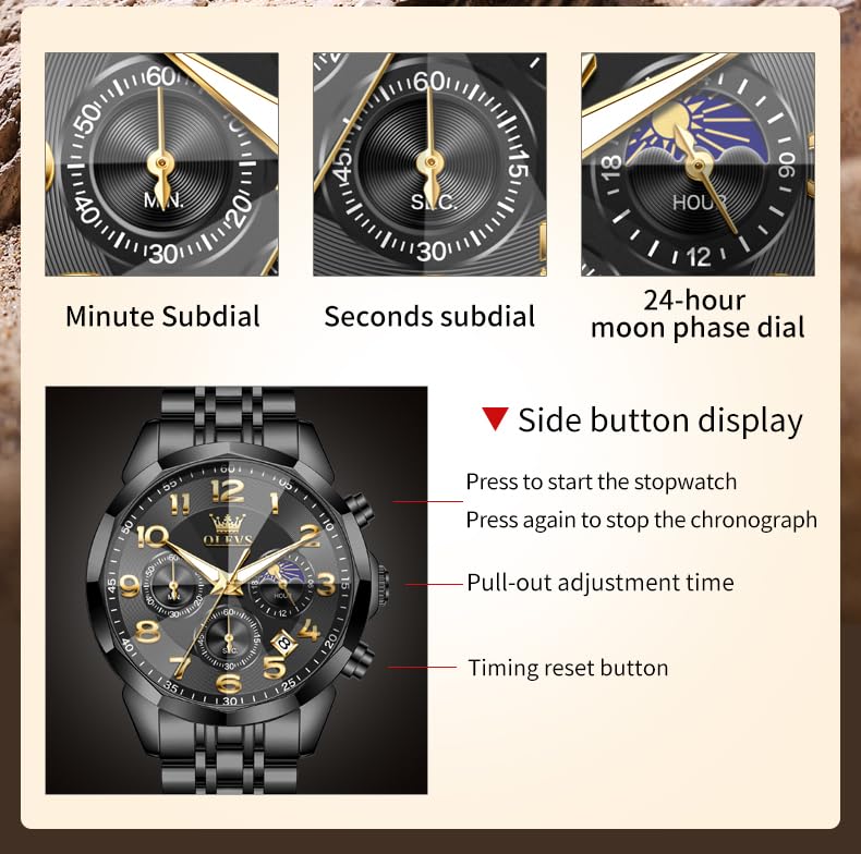 OLEVS Watches Men Luxury Chronograph Moon Phase Waterproof Luminous Watches for Men Analog Quartz Calendar Stainless Steel Strap Wrist Watches-(Black/Blue/Gold/Grey/Silver Face)