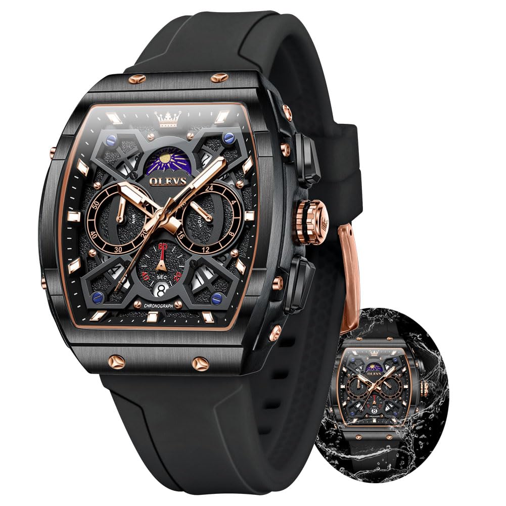 OLEVS Watches Men Chronograph Waterproof Rectangle Face Moon Phase Watches for Men Luminous Quartz Calendar Mens Wrist Watch - Silicon Strap