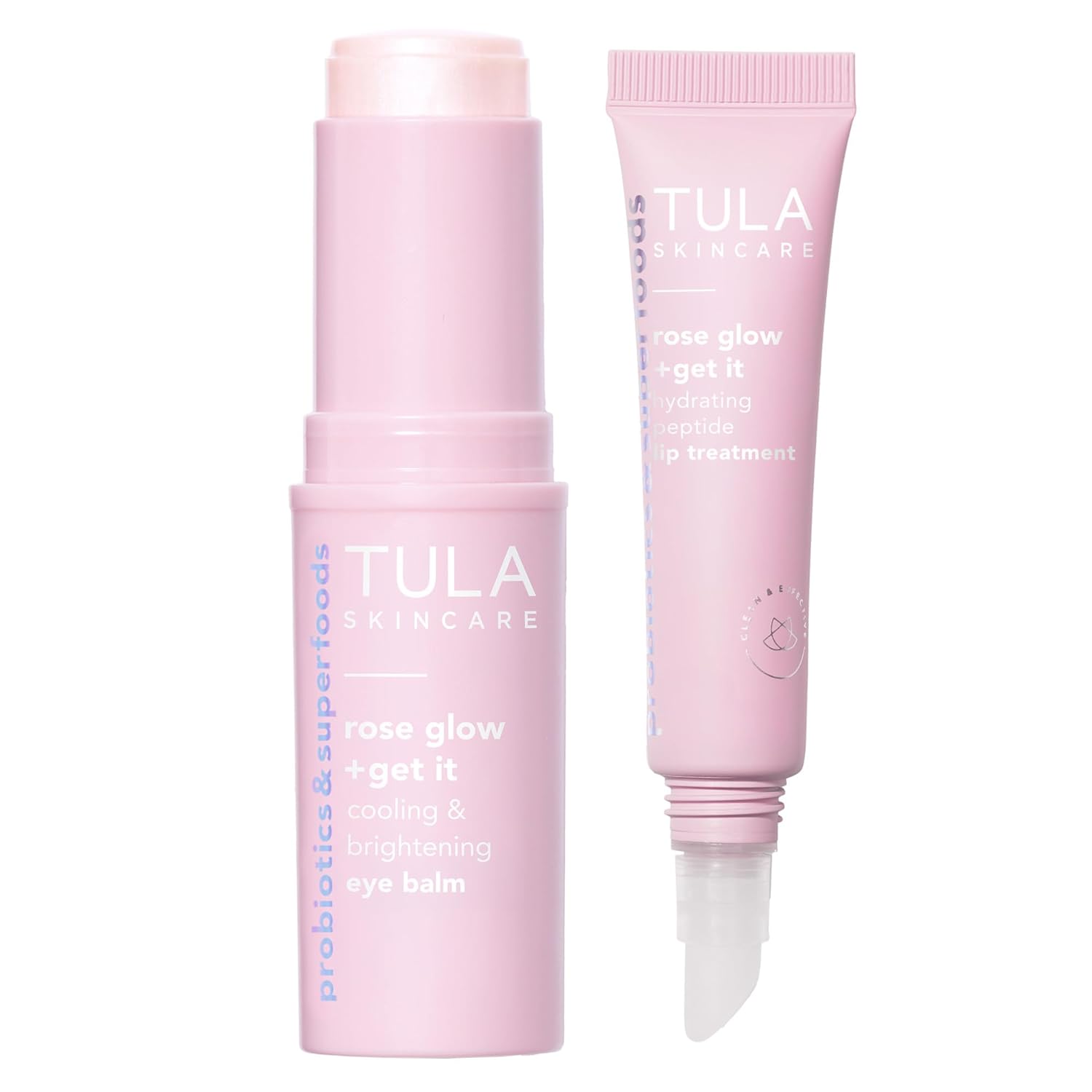 TULA Skin Care Wrapped in Radiance - Rose Glow + Get It Hydrating Peptide Lip Treatment Balm 0.28oz & Cooling & Brightening Eye Balm 0.35 oz, Full-Size, 2 Piece Duo