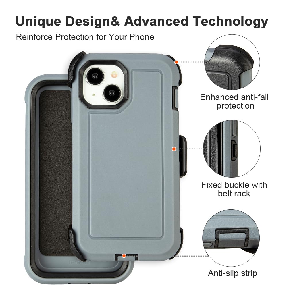 Shockproof Case for iPhone 16 Plus, Heavy Duty, Anti-Drop, 3 Layers, Grey with Belt Clip