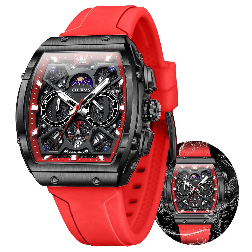 OLEVS Watches Men Chronograph Waterproof Rectangle Face Moon Phase Watches for Men Luminous Quartz Calendar Mens Wrist Watch - Silicon Strap