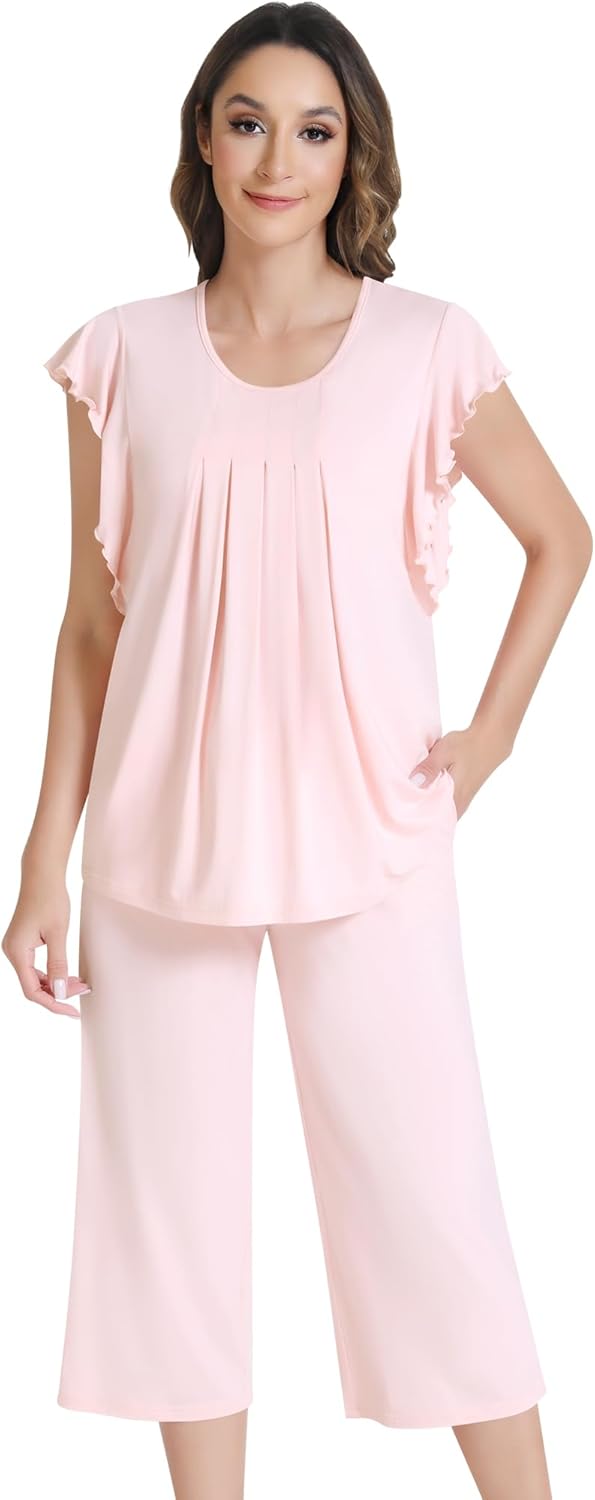 NACHILA Women’s Pajamas-Viscose Made from Bamboo, Short Sleeve Pjs Top with Capri Pajama Sets for Women Cool V Neck Sleepwear