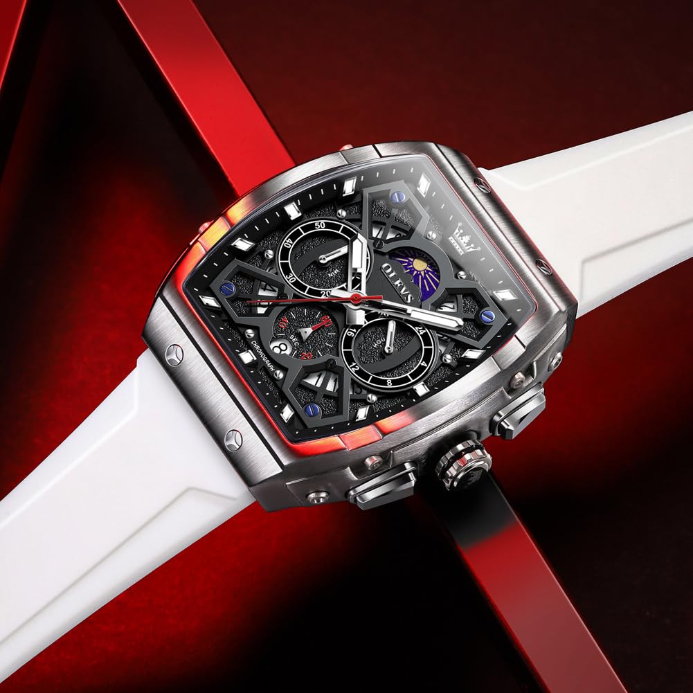 OLEVS Watches Men Chronograph Waterproof Rectangle Face Moon Phase Watches for Men Luminous Quartz Calendar Mens Wrist Watch - Silicon Strap