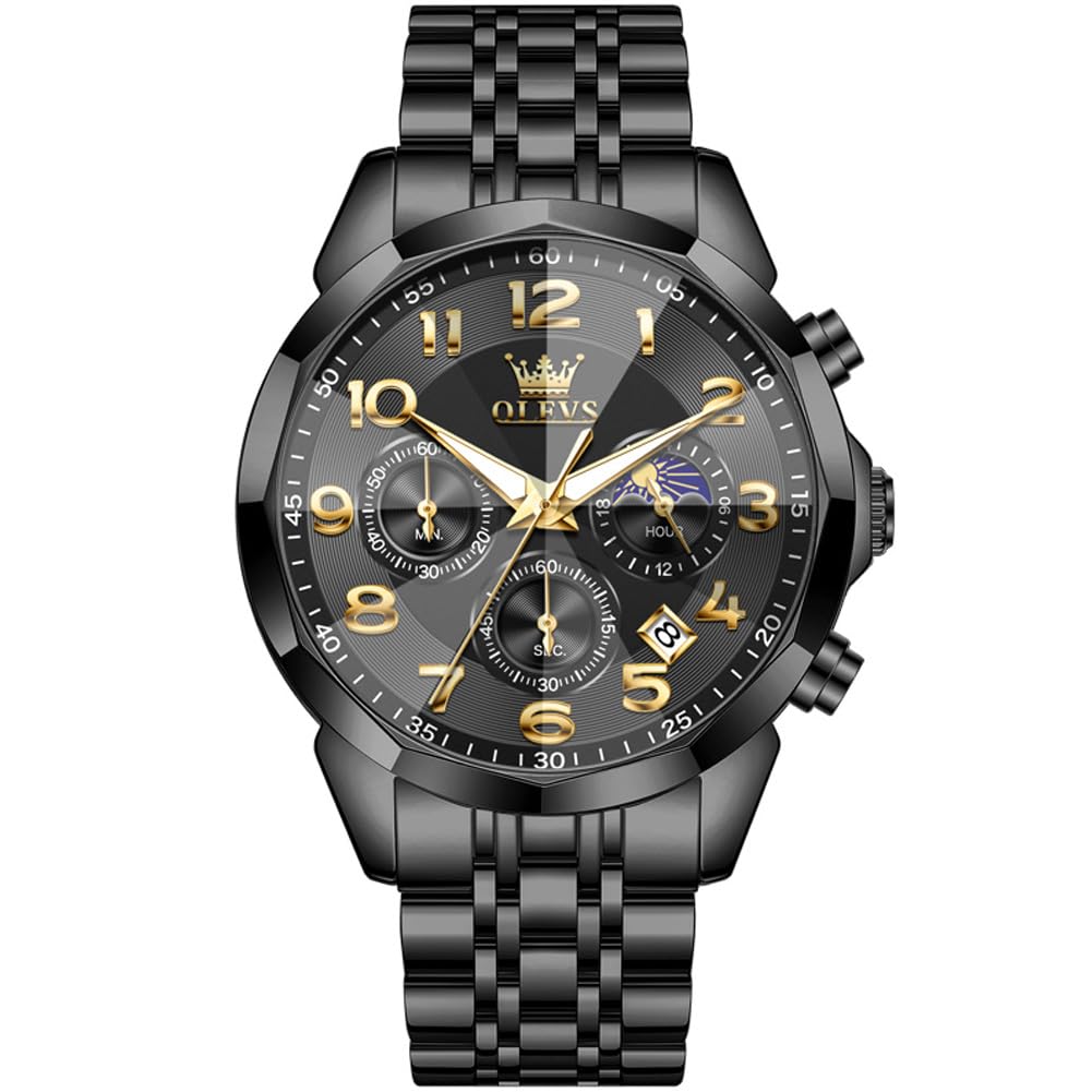 OLEVS Watches Men Luxury Chronograph Moon Phase Waterproof Luminous Watches for Men Analog Quartz Calendar Stainless Steel Strap Wrist Watches-(Black/Blue/Gold/Grey/Silver Face)