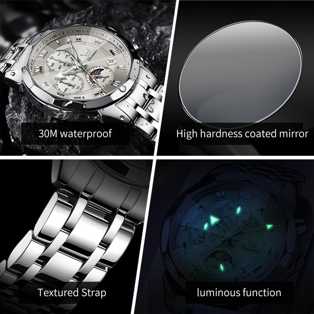 OLEVS Watches Men Luxury Chronograph Moon Phase Waterproof Luminous Watches for Men Analog Quartz Calendar Stainless Steel Strap Wrist Watches-(Black/Blue/Gold/Grey/Silver Face)