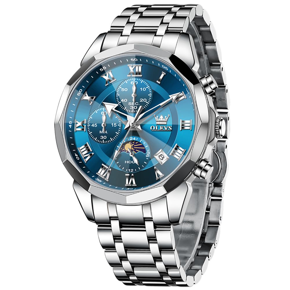 OLEVS Watches Men Luxury Chronograph Moon Phase Waterproof Luminous Watches for Men Analog Quartz Calendar Stainless Steel Strap Wrist Watches-(Black/Blue/Gold/Grey/Silver Face)