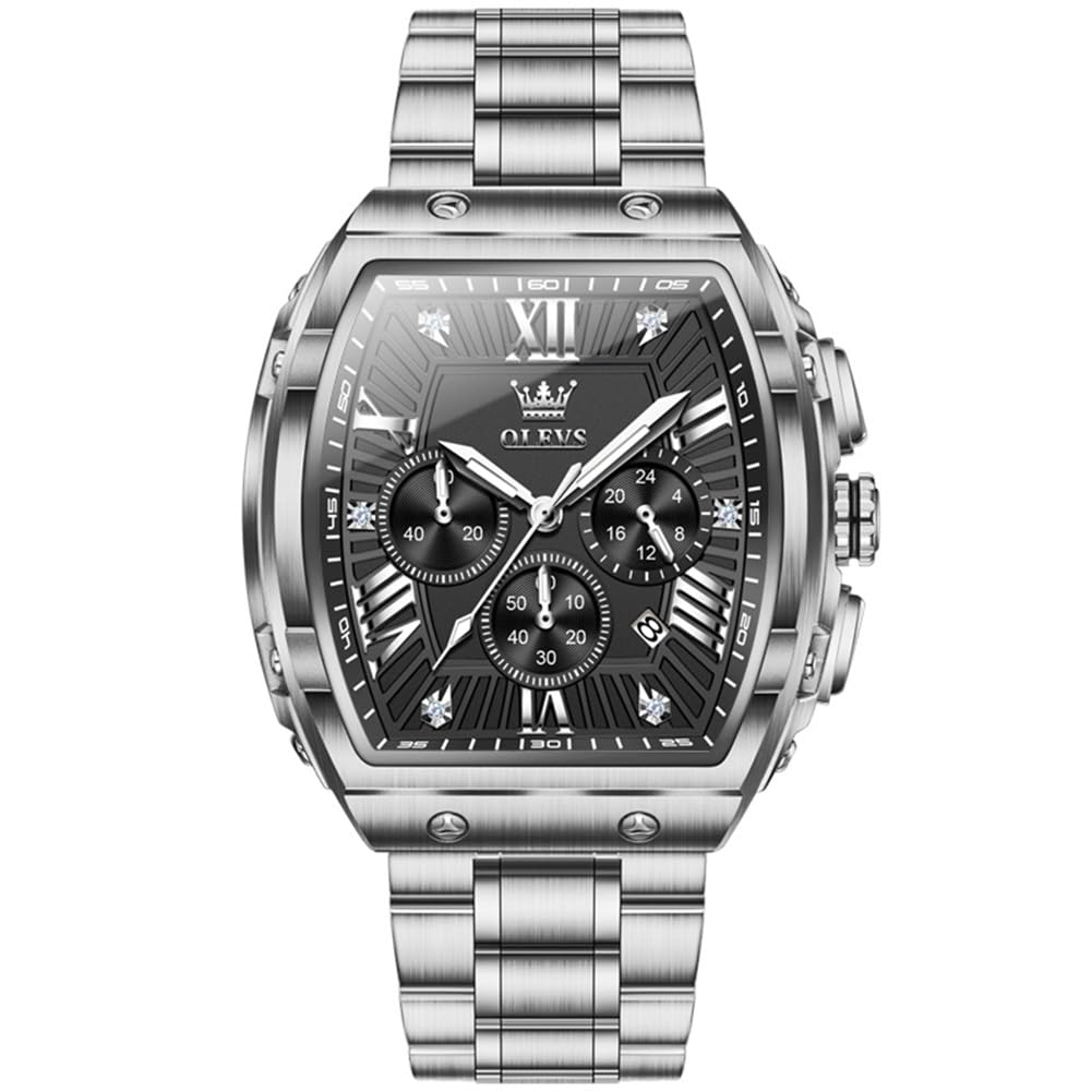 OLEVS Watches Men Chronograph Waterproof Rectangle Face Moon Phase Stainless Steel Strap Dress Watches for Men Luminous Quartz Calendar Mens Wrist Watch