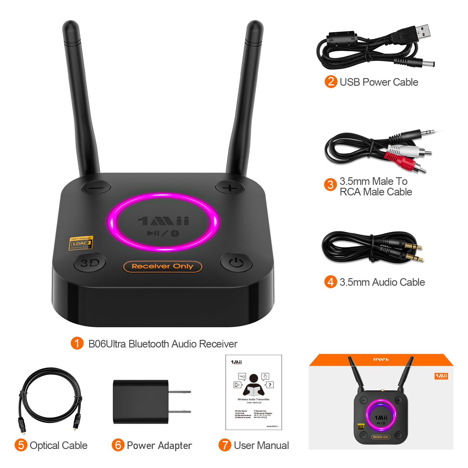 [Upgraded] 1Mii B06Pro Long Range Bluetooth Receiver, HiFi Wireless Audio Adapter, Bluetooth 5.1 Receiver with 3D Surround aptX HD Low Latency Optical RCA AUX 3.5mm Coaxial for Home Stereo System