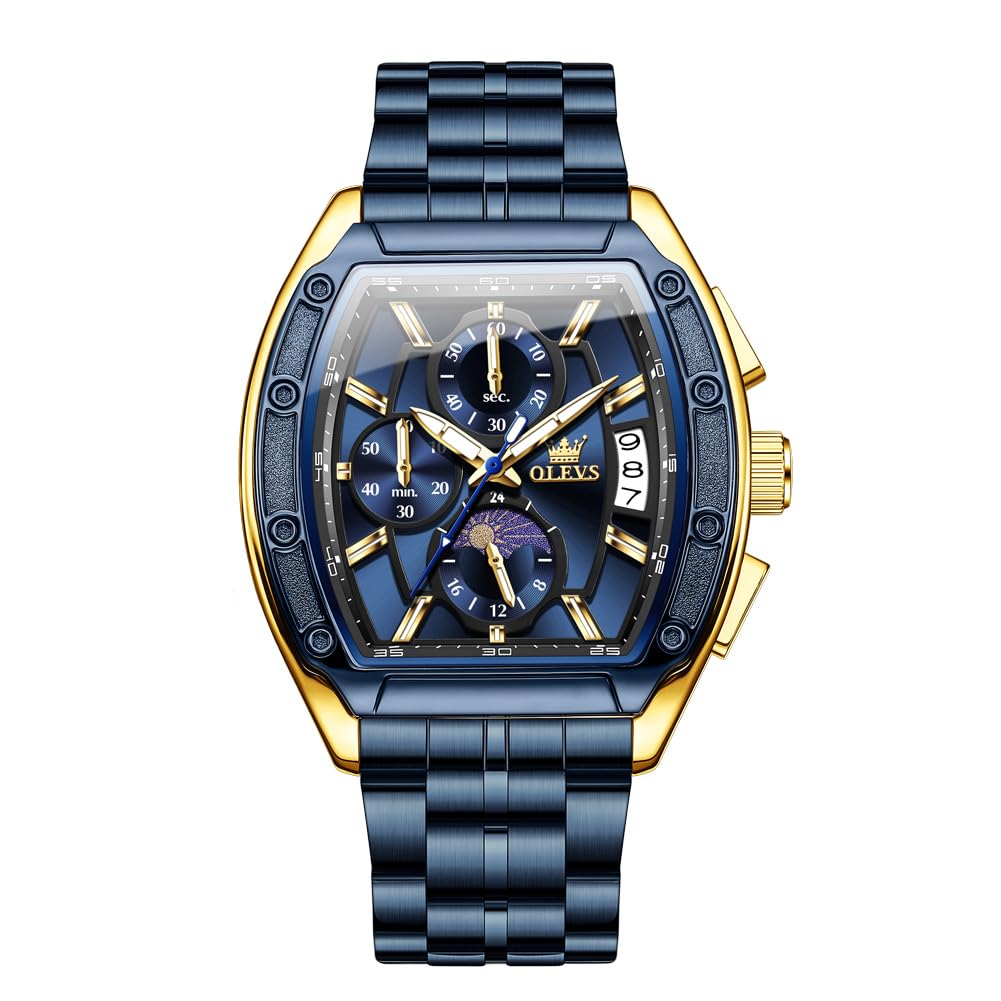 OLEVS Watches Men Chronograph Waterproof Rectangle Face Moon Phase Stainless Steel Strap Dress Watches for Men Luminous Quartz Calendar Mens Wrist Watch