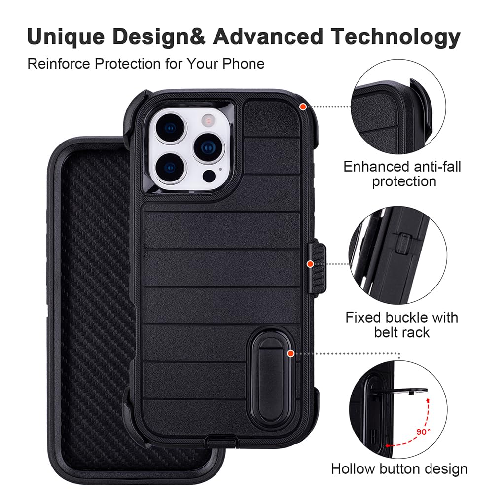 for Phone Case iPhone 16 Pro Case Black with Belt Clip Heavy Duty Holster for Shockproof Cases,3 Layers of Sturdy,Military Grade Defender Cover for iPhone 16 Pro Cases Black 6.3 Inch