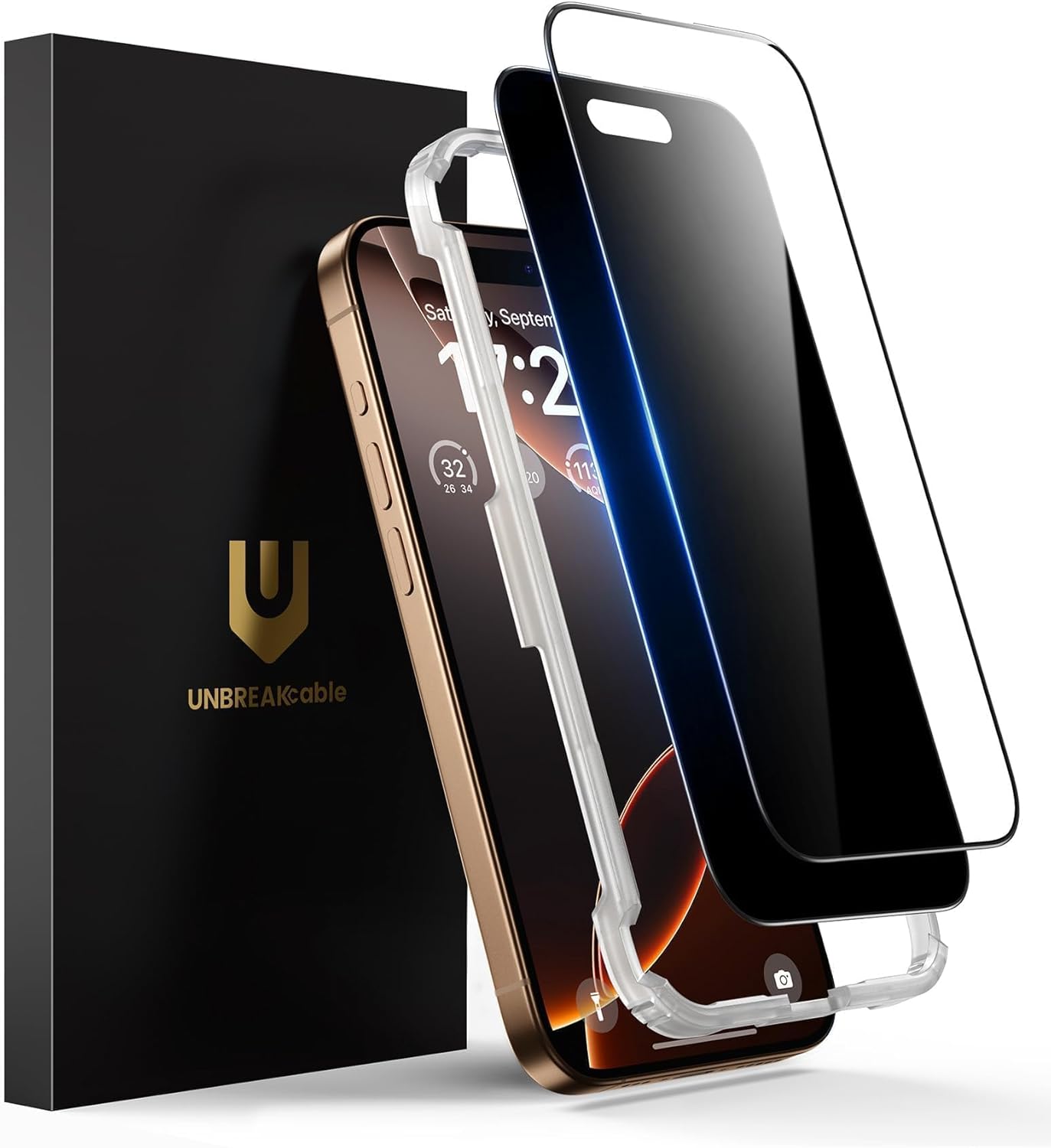 UNBREAKcable 2PCS Screen Protector for iPhone 16-1 Privacy Tempered Glass+1 Clear Glass Double Shatterproof [Easy Installation Frame] [9H Hardness] [Case Friendly] Anti-Scratch for iPhone 6.1 inch