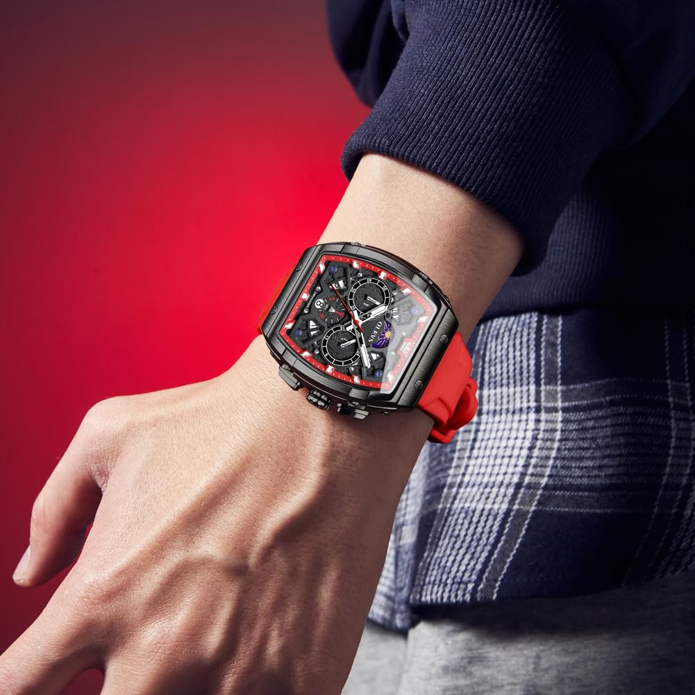 OLEVS Watches Men Chronograph Waterproof Rectangle Face Moon Phase Watches for Men Luminous Quartz Calendar Mens Wrist Watch - Silicon Strap