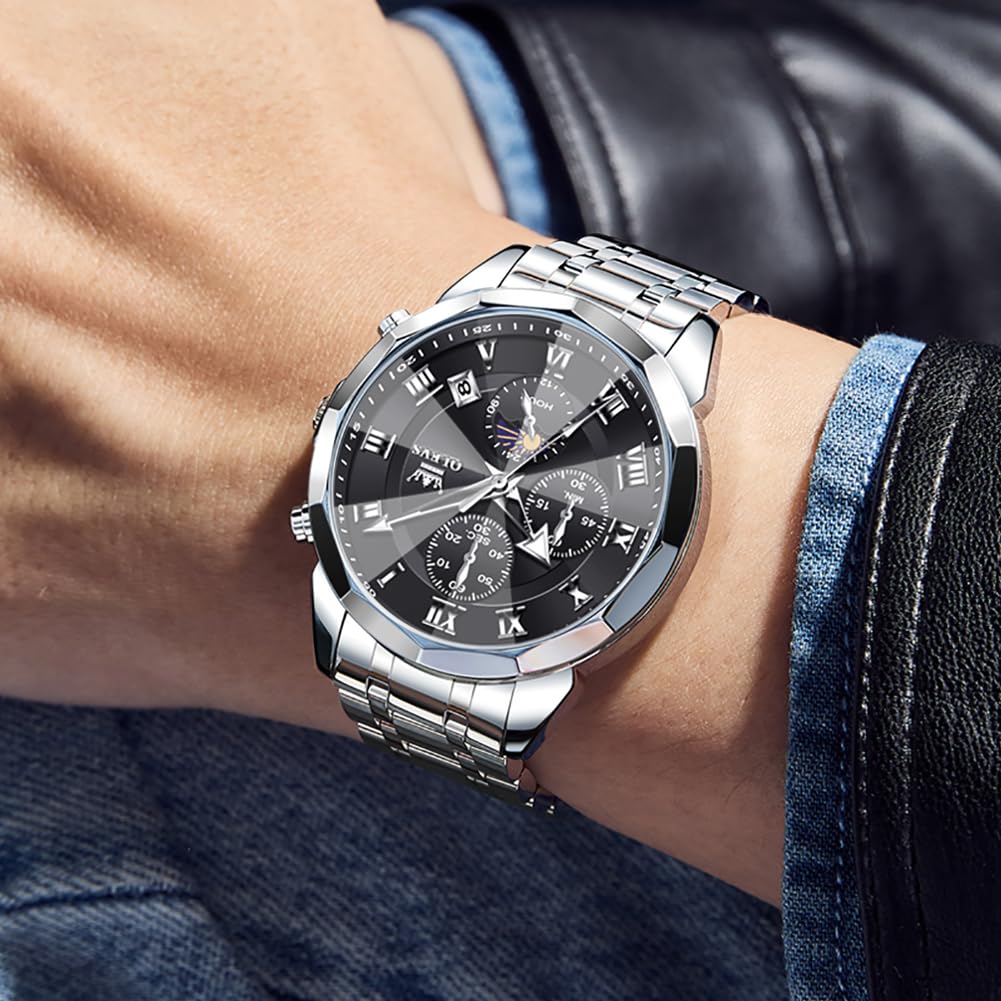 OLEVS Watches Men Luxury Chronograph Moon Phase Waterproof Luminous Watches for Men Analog Quartz Calendar Stainless Steel Strap Wrist Watches-(Black/Blue/Gold/Grey/Silver Face)