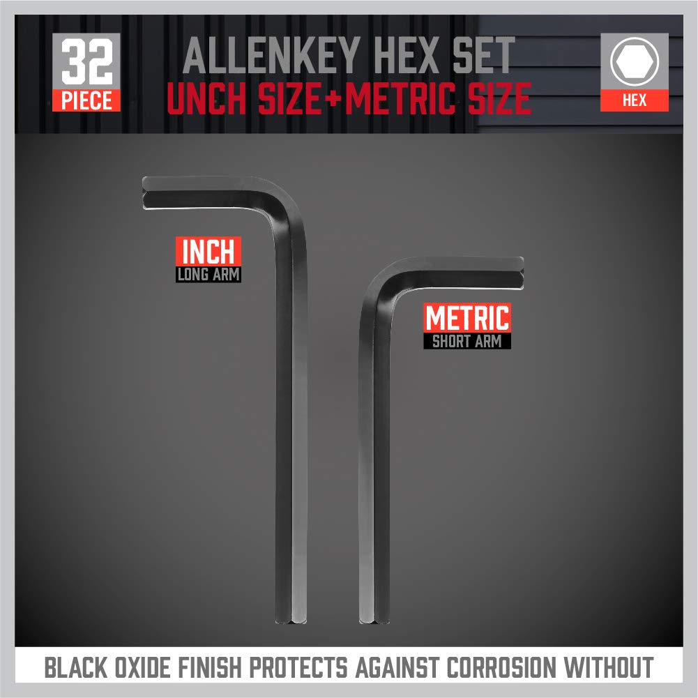 SEDY 32-Piece Hex Key Wrench Set, Metric and SAE Allen Wrenches (0.028-3/8 inch, 0.7-10 mm) L Shape Allen Keys, Chrome Vanadium Steelwith 2x Extension Handle