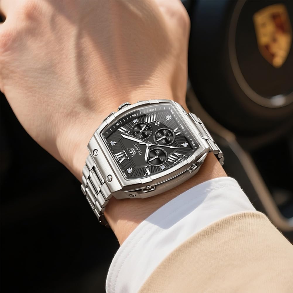 OLEVS Watches Men Chronograph Waterproof Rectangle Face Moon Phase Stainless Steel Strap Dress Watches for Men Luminous Quartz Calendar Mens Wrist Watch