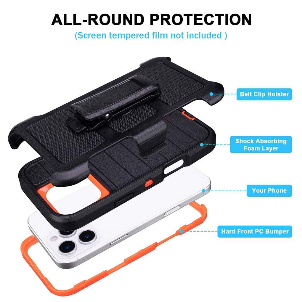 for Phone Case iPhone 16 Pro Case Black with Belt Clip Heavy Duty Holster for Shockproof Cases,3 Layers of Sturdy,Military Grade Defender Cover for iPhone 16 Pro Cases Black 6.3 Inch