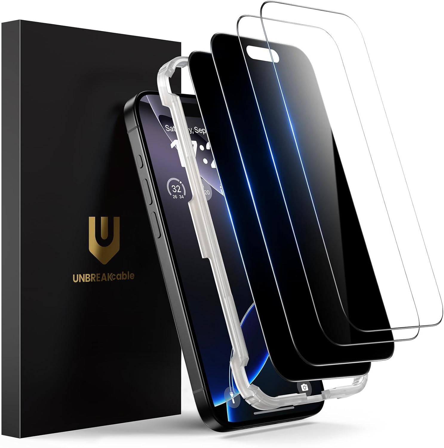 UNBREAKcable 4PCS Screen Protector for iPhone 15-2 Privacy Tempered Glass+2 Clear Glass Double Shatterproof [Easy Installation Frame] [9H Hardness] [Case Friendly] Anti-Scratch for iPhone 6.1 inch