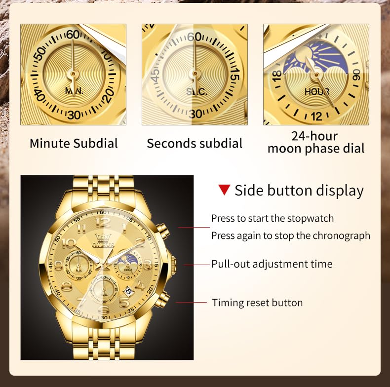 OLEVS Watches Men Luxury Chronograph Moon Phase Waterproof Luminous Watches for Men Analog Quartz Calendar Stainless Steel Strap Wrist Watches-(Black/Blue/Gold/Grey/Silver Face)
