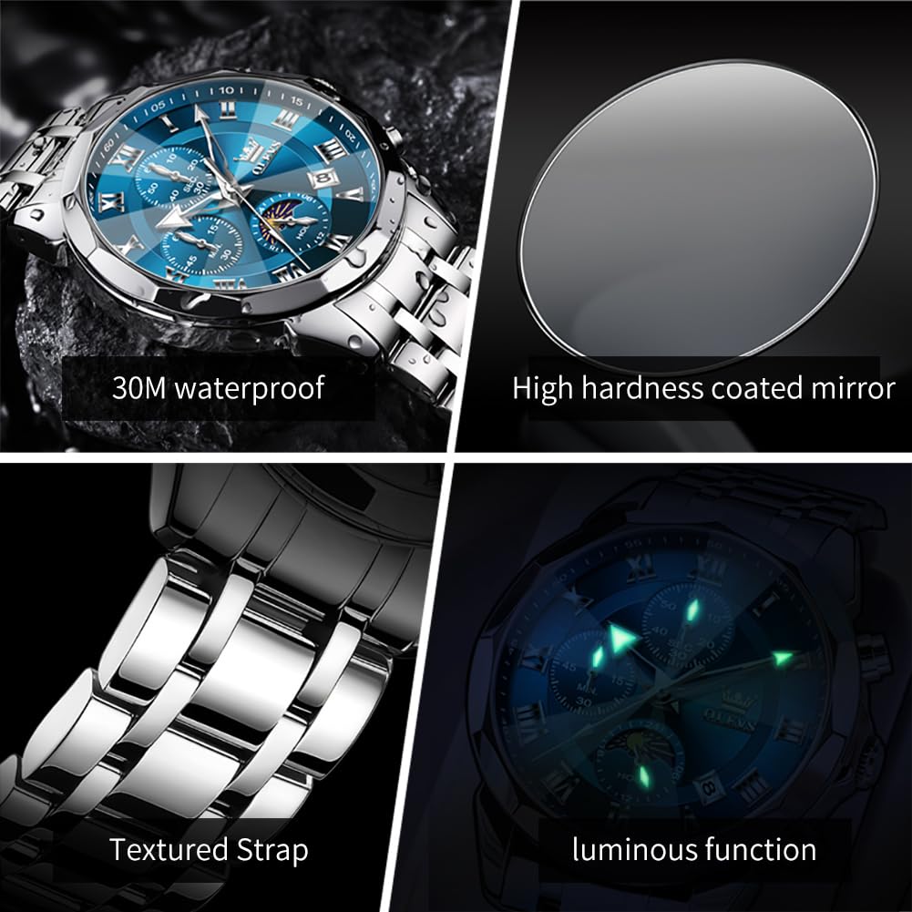 OLEVS Watches Men Luxury Chronograph Moon Phase Waterproof Luminous Watches for Men Analog Quartz Calendar Stainless Steel Strap Wrist Watches-(Black/Blue/Gold/Grey/Silver Face)