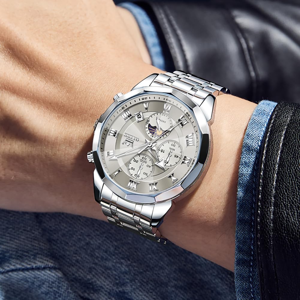 OLEVS Watches Men Luxury Chronograph Moon Phase Waterproof Luminous Watches for Men Analog Quartz Calendar Stainless Steel Strap Wrist Watches-(Black/Blue/Gold/Grey/Silver Face)