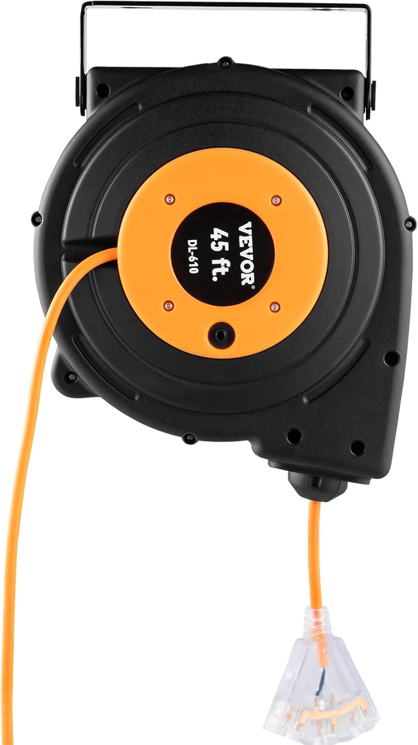 VEVOR Retractable Extension Cord Reel, 45 FT, Heavy Duty 12AWG/3C SJTOW Power Cord, with Lighted Triple Tap Outlet, 15 Amp Circuit Breaker, 180° Swivel Bracket for Ceiling or Wall Mount