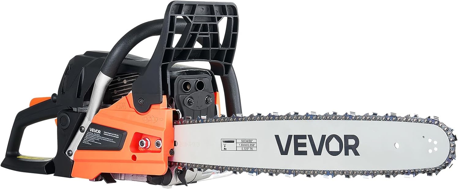 VEVOR 20inch 62CC Gas Powered Chainsaw, 3.8 HP 2 Stroke Engine Gas Power Chainsaws with Non-Slip Handle, Gas Chainsaws with Dual Fuel Tanks, For Wood Cutting, Tree Trimming, and Land Clearing