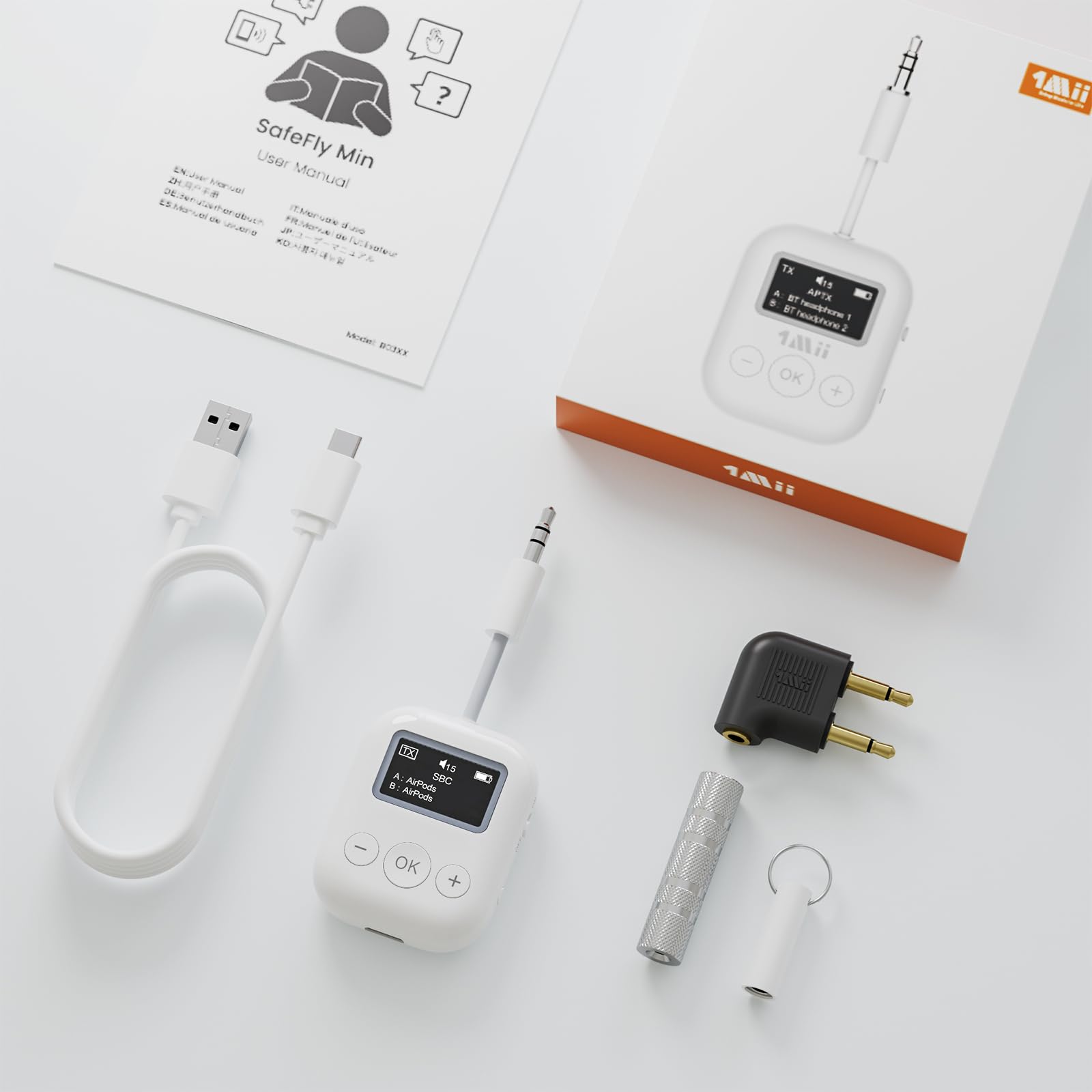 1Mii Bluetooth Transmitter for Airplane, Bluetooth 5.3 Adapter for TV,Airplane Travel Essentials, Aptx Low Latency Wireless Audio Aux for Headphones, Any 3.5mm Jack,Linking 2 Devices (White)