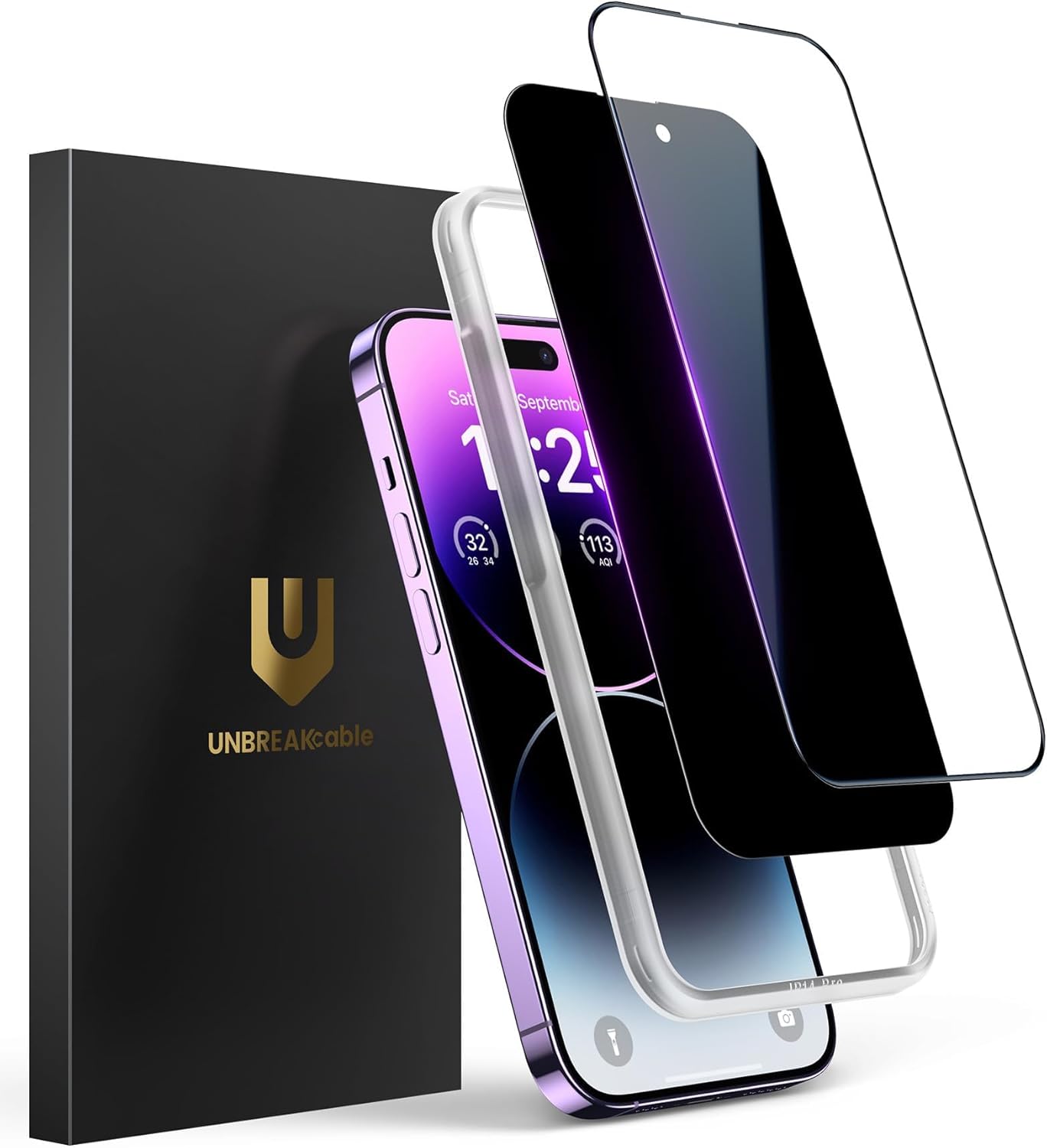 UNBREAKcable 2PCS Screen Protector for iPhone 16-1 Privacy Tempered Glass+1 Clear Glass Double Shatterproof [Easy Installation Frame] [9H Hardness] [Case Friendly] Anti-Scratch for iPhone 6.1 inch