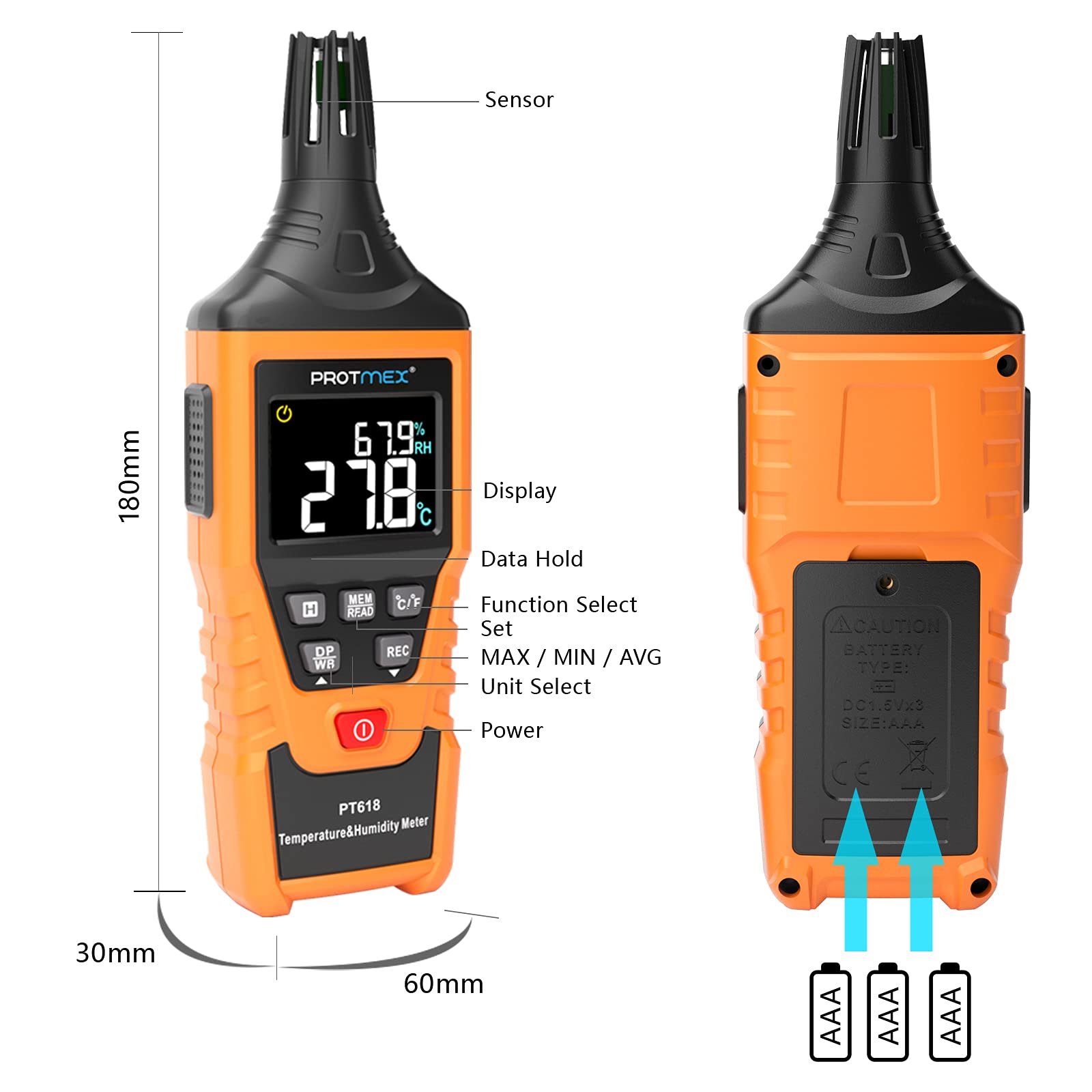 PT6508 Temperature Humidity Meter, Digital Thermometer Hygrometer Monitor with Ambient, Dew Point, Wet Bulb for Indoor/Outdoor MIN, MAX, Data Hold, LCD Backlight