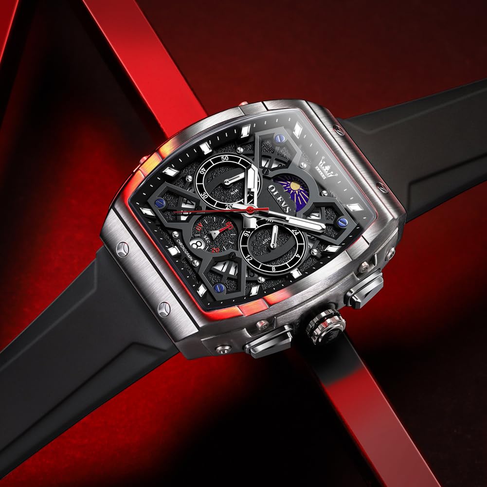 OLEVS Watches Men Chronograph Waterproof Rectangle Face Moon Phase Watches for Men Luminous Quartz Calendar Mens Wrist Watch - Silicon Strap