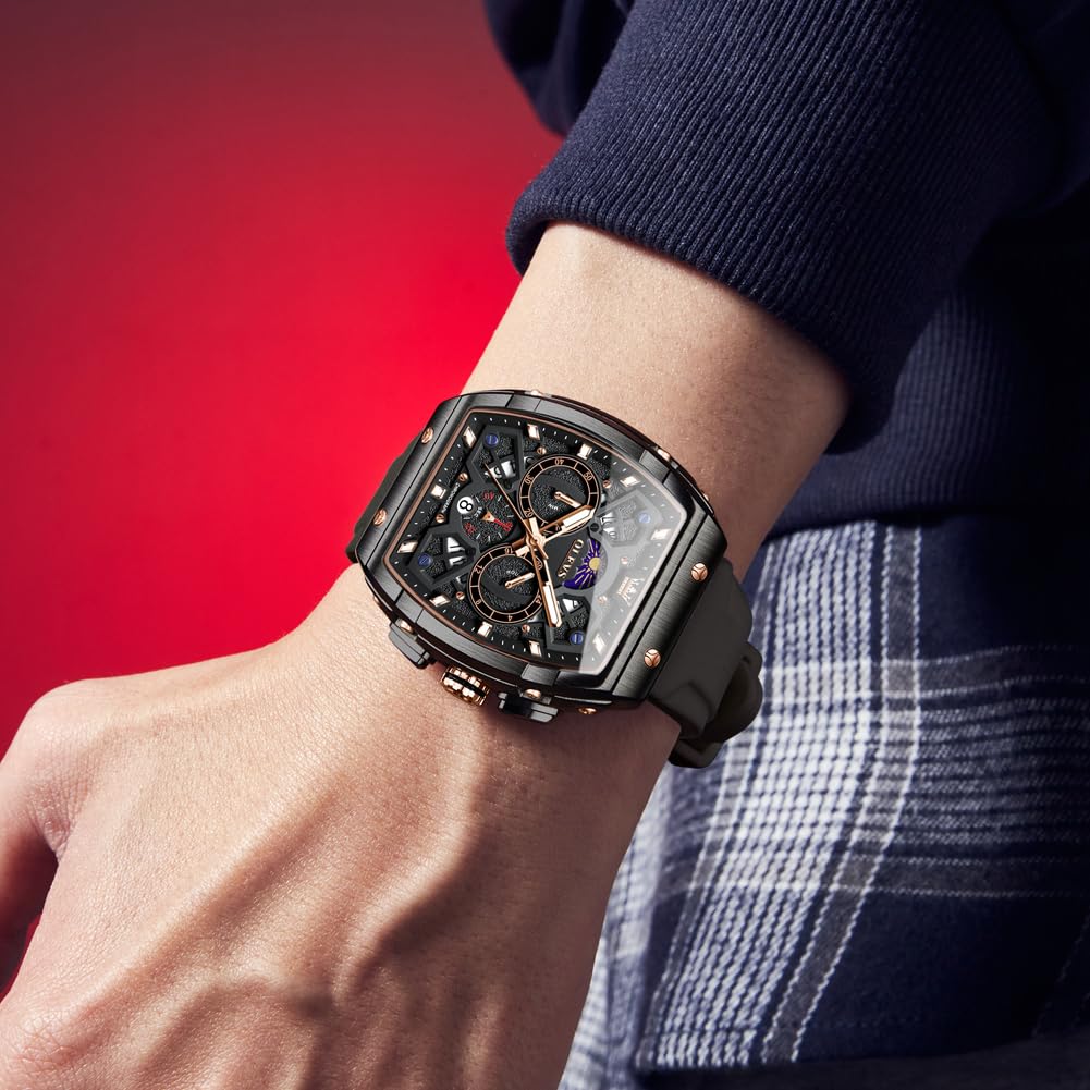 OLEVS Watches Men Chronograph Waterproof Rectangle Face Moon Phase Watches for Men Luminous Quartz Calendar Mens Wrist Watch - Silicon Strap