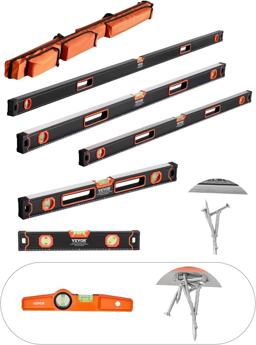 VEVOR 6-Piece Torpedo Level, 78/48/32/24/16/10 Inch All Magnetic Levels Set, Bubble Vials Ruler for 45/90/180 Degree, Aluminum Alloy Magnetic Box Leveler Tool, Shock-Resistance, SAE and Metric Scale