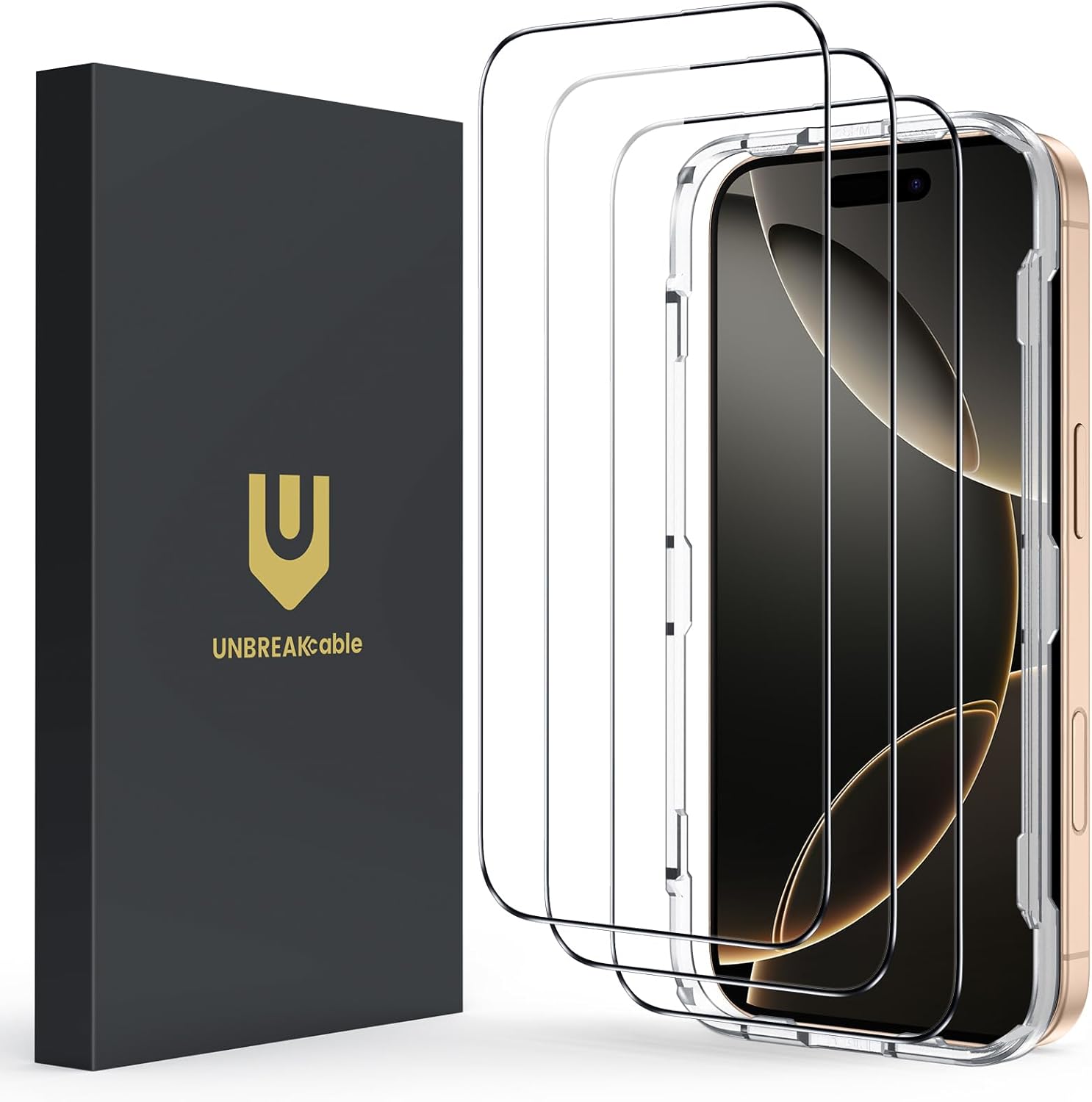 UNBREAKcable Screen Protector for iPhone 16 Pro, Pack of 3, HD Tempered Glass Screen Protector [Full Coverage] [Easy Installation][Free Bubbles][Only for Apple iPhone 16 Pro]