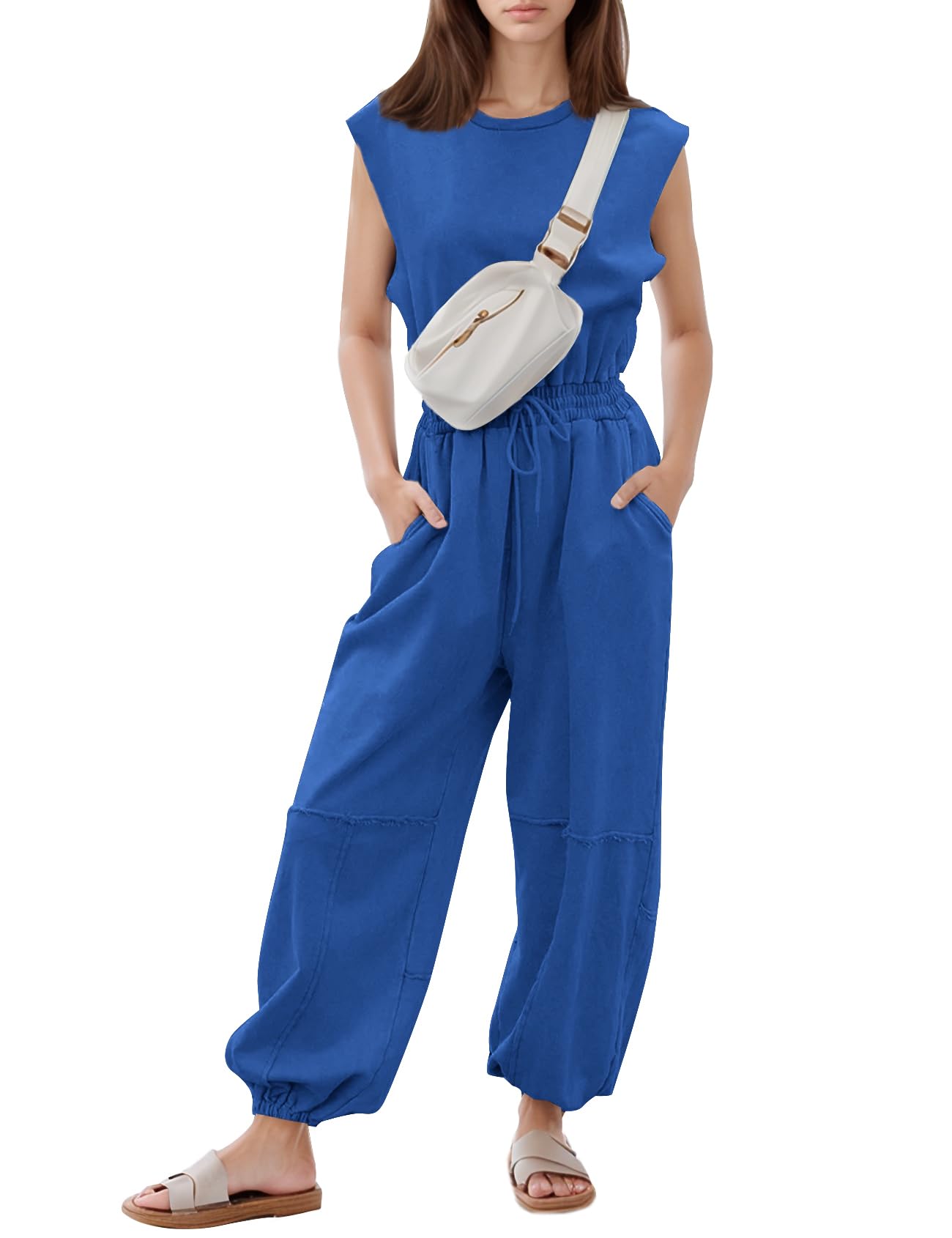 Flygo Womens Casual Jumpsuit Crewneck Cap Sleeve Long Wide Leg Pants One Piece Outfits Drawstring Romper with Pockets(LightGrey-M)