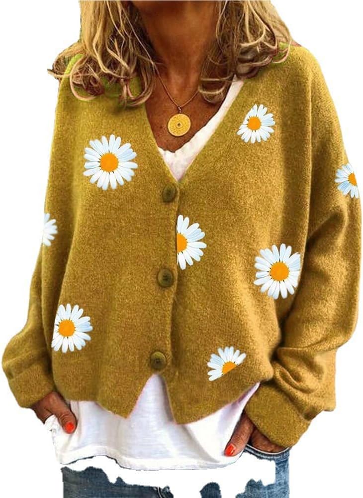 ZOCAVIA Women's Floral Knit Sweaters Cardigan Fall Winter Button Down Open Front Casual Flower Embroidered Cropped Sweaters