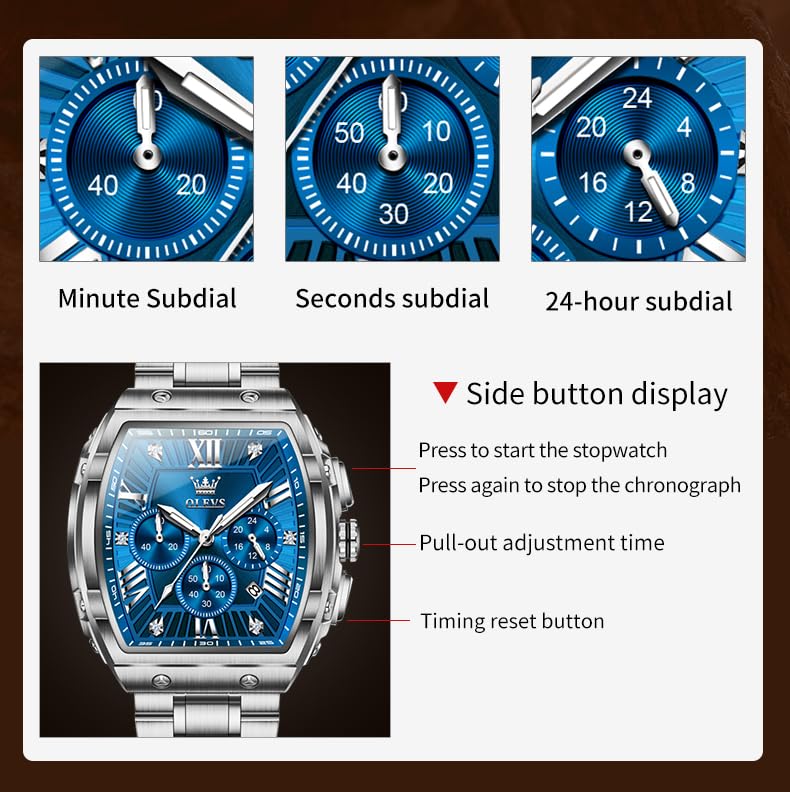 OLEVS Watches Men Chronograph Waterproof Rectangle Face Moon Phase Stainless Steel Strap Dress Watches for Men Luminous Quartz Calendar Mens Wrist Watch