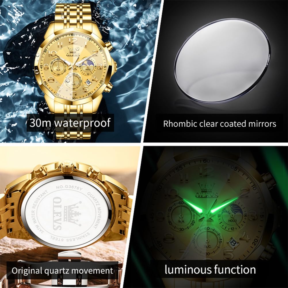 OLEVS Watches Men Luxury Chronograph Moon Phase Waterproof Luminous Watches for Men Analog Quartz Calendar Stainless Steel Strap Wrist Watches-(Black/Blue/Gold/Grey/Silver Face)