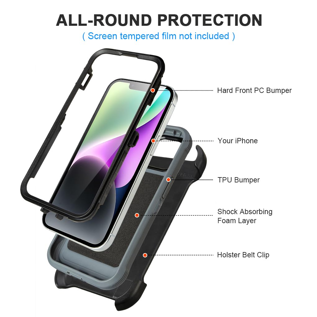 for Black iPhone 15 Case with Belt Clip, Shockproof Heavy Duty Rugged, 3 Layers of Sturdy,Anti-Drop, Military-Grade Defender Cover for iPhone 15 Case Black