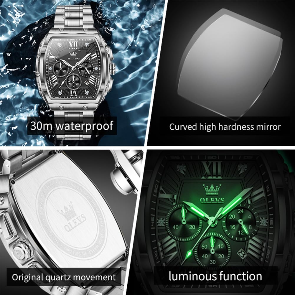 OLEVS Watches Men Chronograph Waterproof Rectangle Face Moon Phase Stainless Steel Strap Dress Watches for Men Luminous Quartz Calendar Mens Wrist Watch