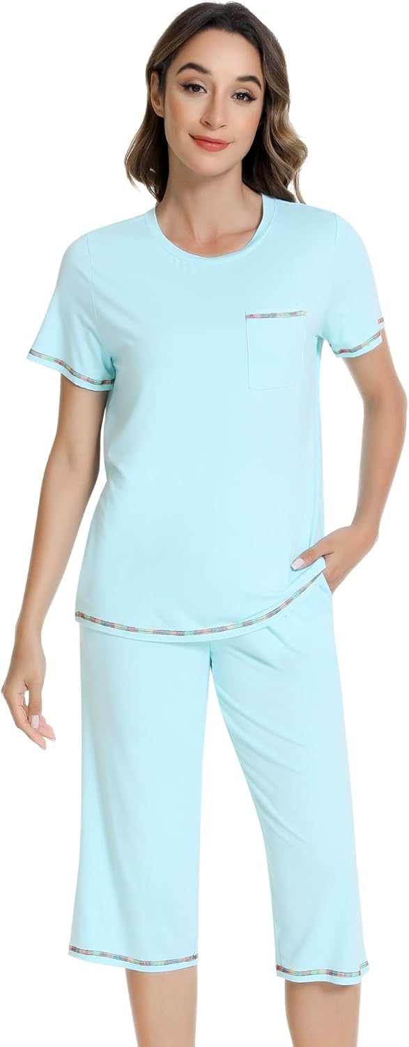 NACHILA Women’s Pajamas-Viscose Made from Bamboo, Short Sleeve Pjs Top with Capri Pajama Sets for Women Cool V Neck Sleepwear