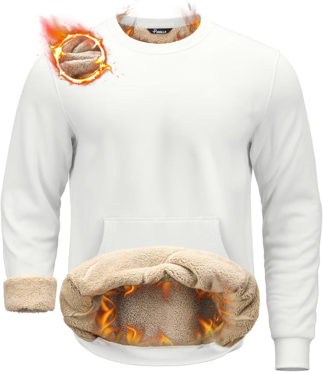 Pudolla Men's Sherpa Lined Sweatshirts Warm Soft Crewneck Sweatshirts Heavyweight Winter Pullover Kangaroo with Pouch Pocket