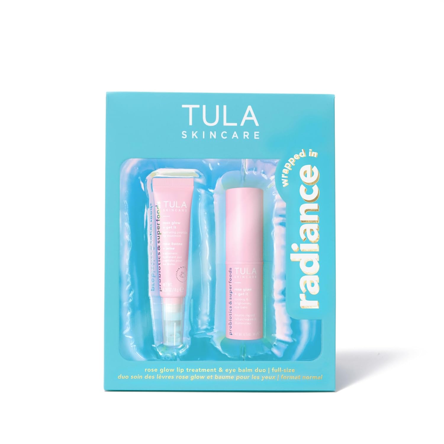 TULA Skin Care Wrapped in Radiance - Rose Glow + Get It Hydrating Peptide Lip Treatment Balm 0.28oz & Cooling & Brightening Eye Balm 0.35 oz, Full-Size, 2 Piece Duo