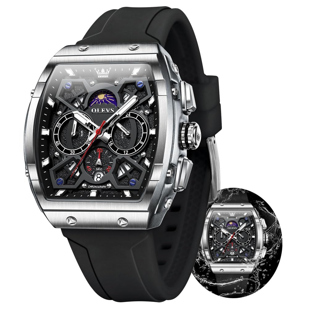 OLEVS Watches Men Chronograph Waterproof Rectangle Face Moon Phase Watches for Men Luminous Quartz Calendar Mens Wrist Watch - Silicon Strap
