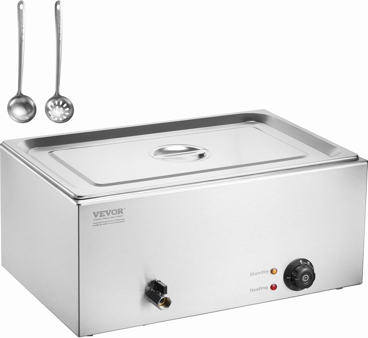 VEVOR Commercial Food Warmer, 1500W Electric Stainless Steel Steam Food Warmer with Lid, 6-Pan Fast Heating Countertop Buffet Bain Marie with Soup & Perforated Ladles, for Catering, Restaurant, Party