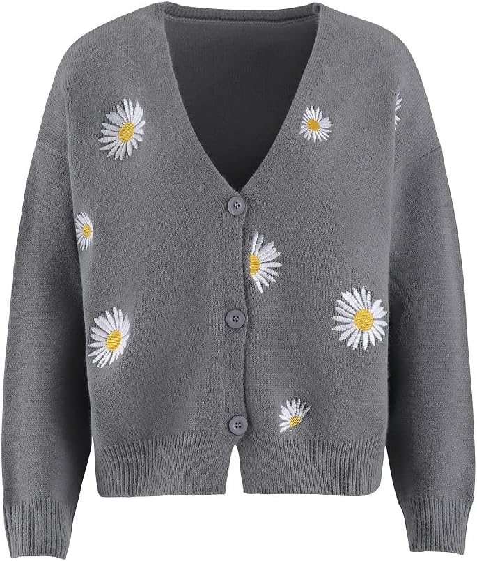 ZOCAVIA Women's Floral Knit Sweaters Cardigan Fall Winter Button Down Open Front Casual Flower Embroidered Cropped Sweaters