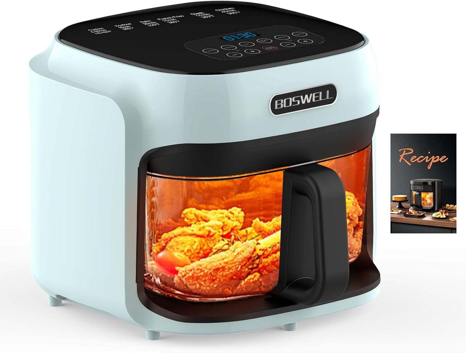 BOSWELL Glass Air Fryer, 7.5QT with Transparent Fry Bowl, Circulating Heating, Temperature Control, Air Fryer Roast, Dishwasher Safe