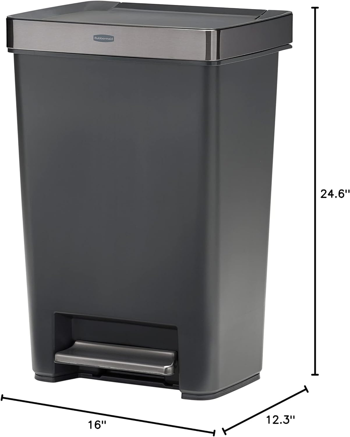 Rubbermaid Premier Series III Step-On Trash Can for Home and Kitchen, with Stainless Steel Rim, 12.4 Gallon, Charcoal, for Home/Kitchen/Garage/Apartment/Office